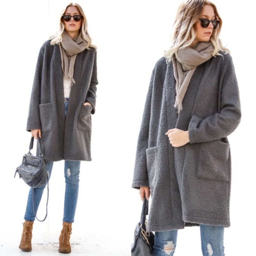 #52 Cozy Charcoal Boucle Open Front Cardigan